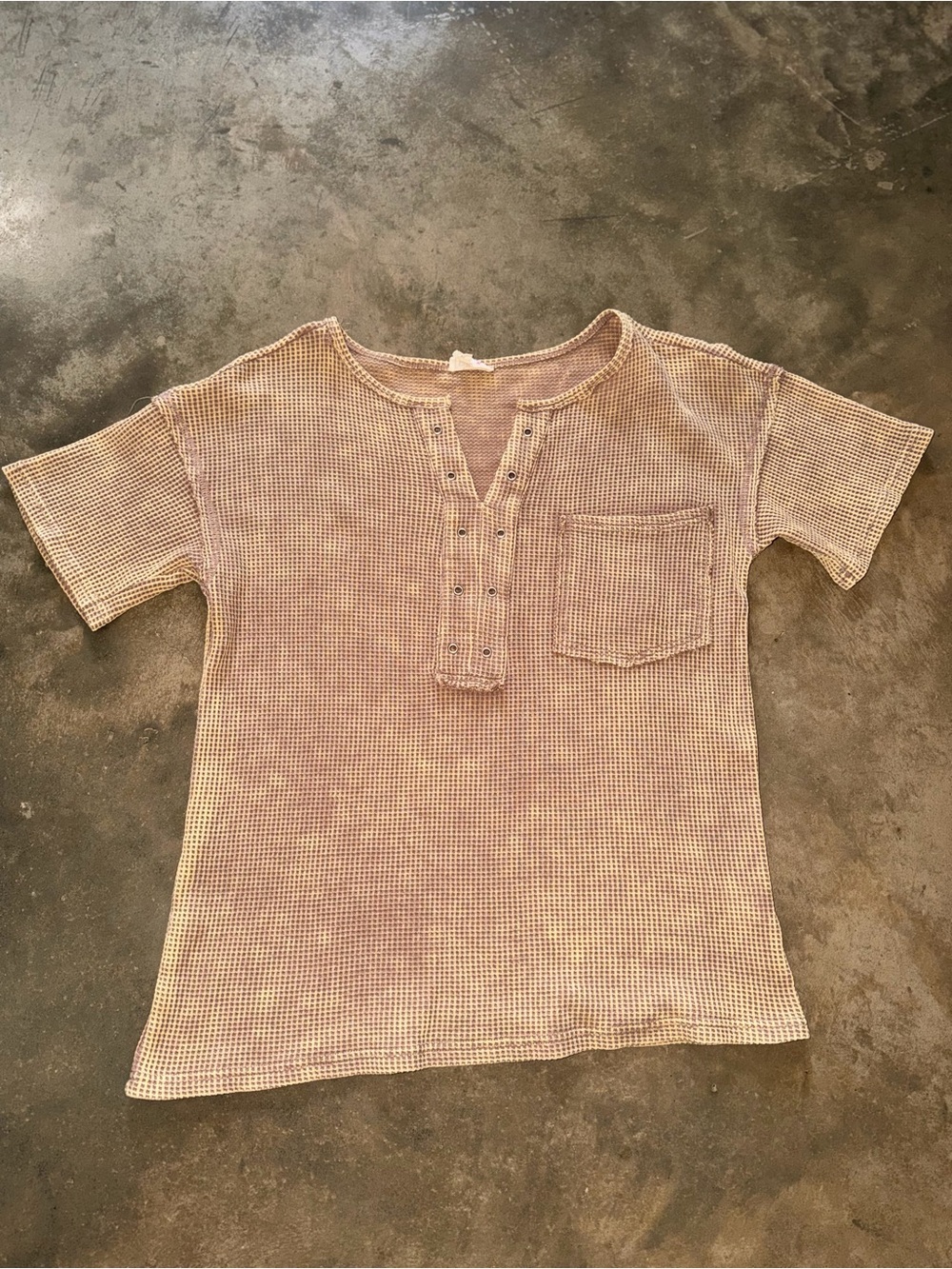 BIBI Tan Brown Waffle Knit Snap Henley Grunge Pocket Top Small Mineral Wash